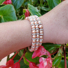 Load image into Gallery viewer, Handmade pearl and crystal rhinestone expandable, multi-layer, wrap bracelet - powder orange or custom color - Pearl Bracelet - Wrap Bracelet - Bracelets