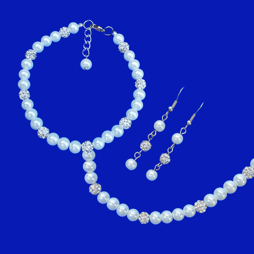 Wedding Sets - Pearl Jewelry Set - Jewelry Set, handmade pearl and crystal necklace accompanied by a matching bracelet and a pair of drop earrings, white or custom color