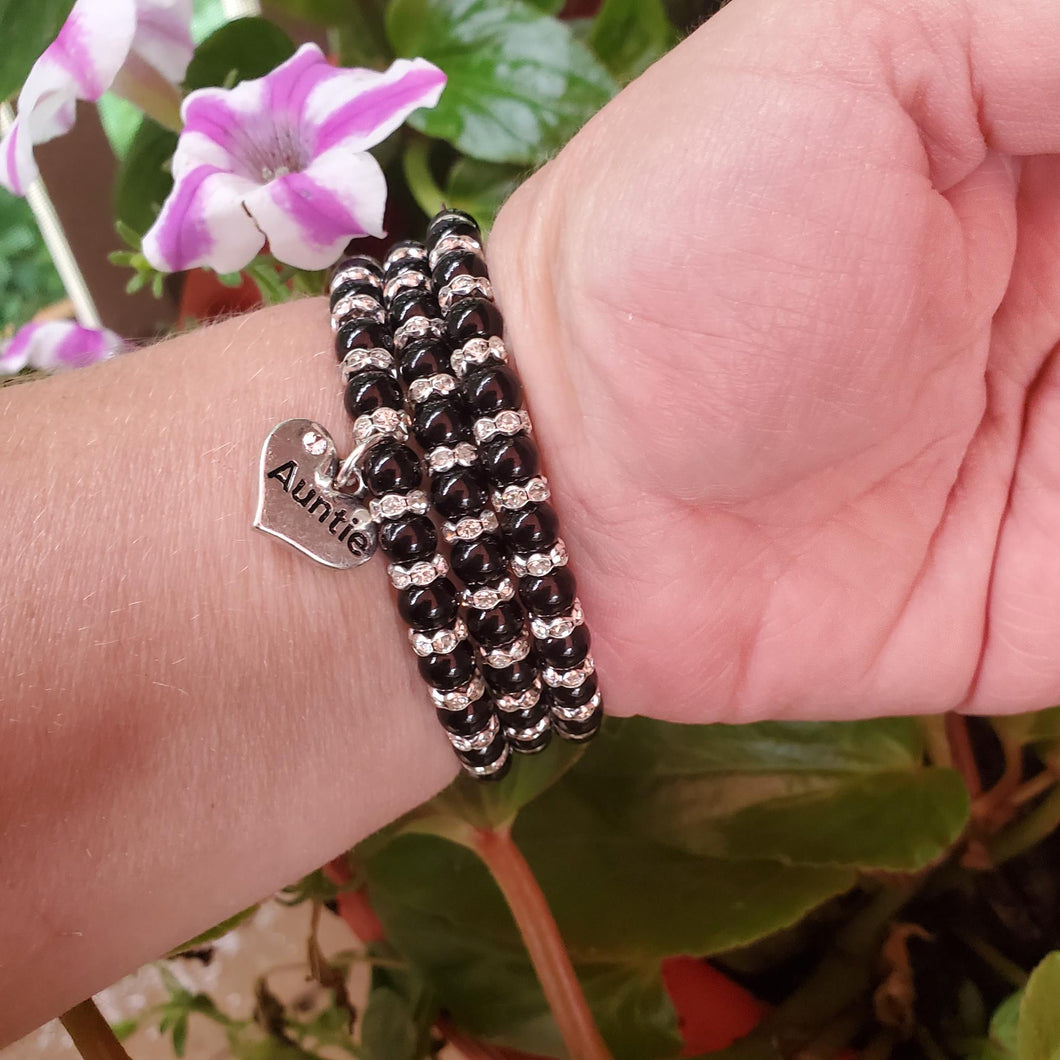 Handmade pearl and crystal rhinestone expandable, multi-layer, wrap charm bracelet, black or custom color - Great Aunt Gifts - Auntie Gift - Auntie Gift Ideas