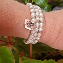 Load image into Gallery viewer, Handmade Grand Mother pearl and crystal rhinestone expandable, multi-layer, wrap charm bracelet - white or custom color - Grand Mother Gift - Gift Ideas For Great Grandmother - grand mother