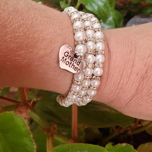 Handmade Grand Mother pearl and crystal rhinestone expandable, multi-layer, wrap charm bracelet - white or custom color - Grand Mother Gift - Gift Ideas For Great Grandmother - grand mother