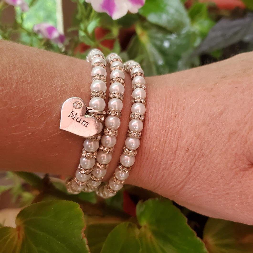 Handmade Mum pearl and crystal rhinestone expandable, multi-layer, wrap charm bracelet. white or custom color - Mum Bracelet - Mother Jewelry - Mom Gift