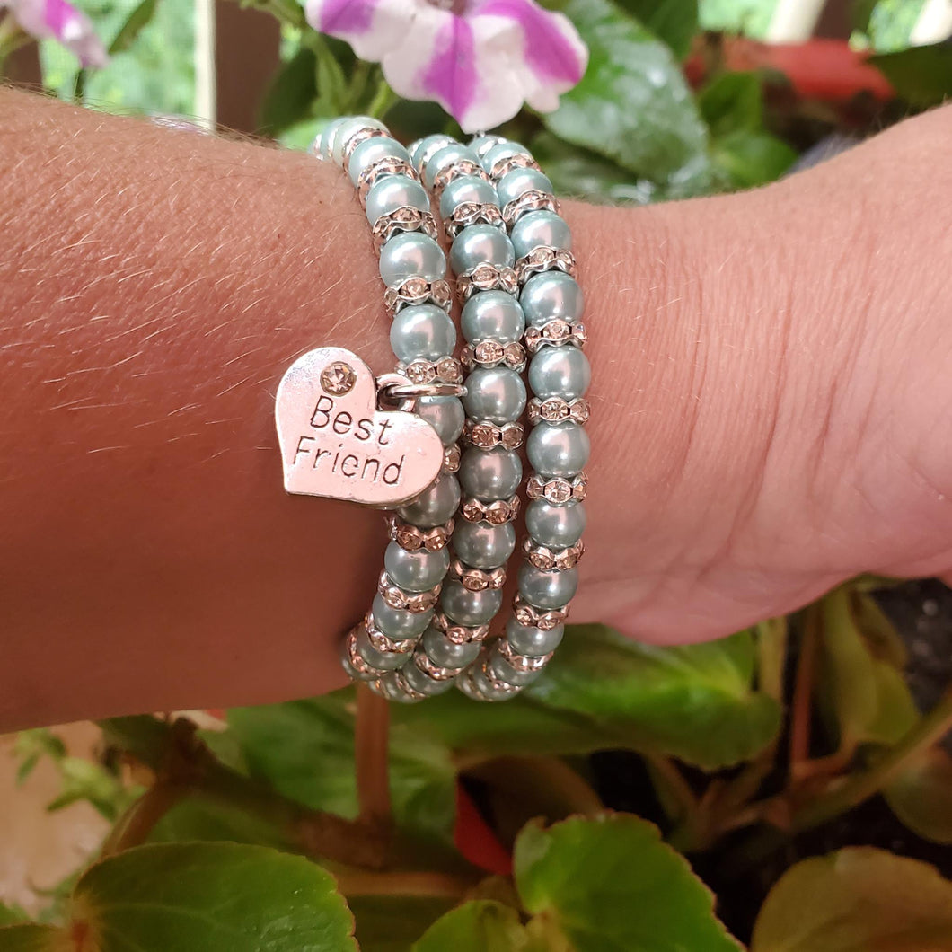 Best Friend pearl crystal expandable multi layer wrap charm bracelet, light blue or custom color - Best Friend Bracelet - Best Friend Gift - Friend Gift