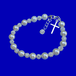 Pearl Bracelet - Cross Bracelet - Religious Bracelet - pearl crystal cross charm bracelet, silver and ivory or silver and custom color