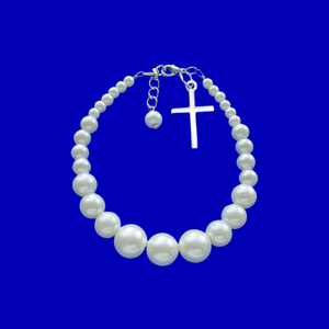 Religious Jewelry - Cross Bracelet - Bracelets - pearl cross charm bracelet, white or custom color