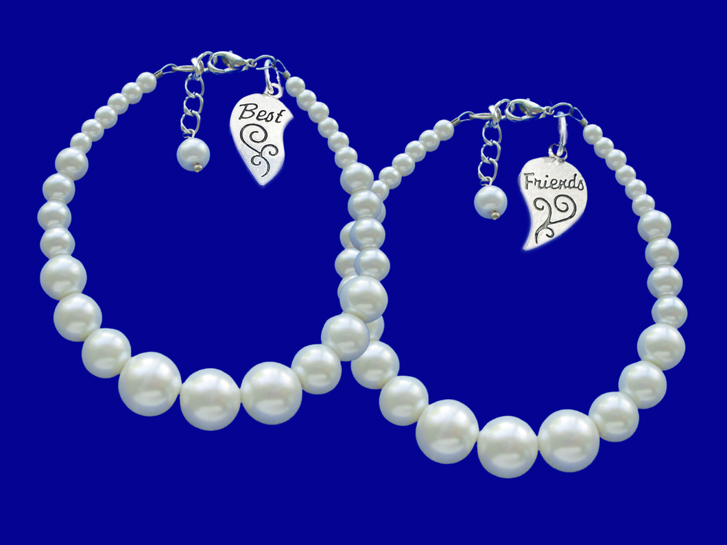 BFF Bracelets - BFF Gift Ideas - Best Friend Gift, set of 2 best friends pearl charm bracelets, white or custom color