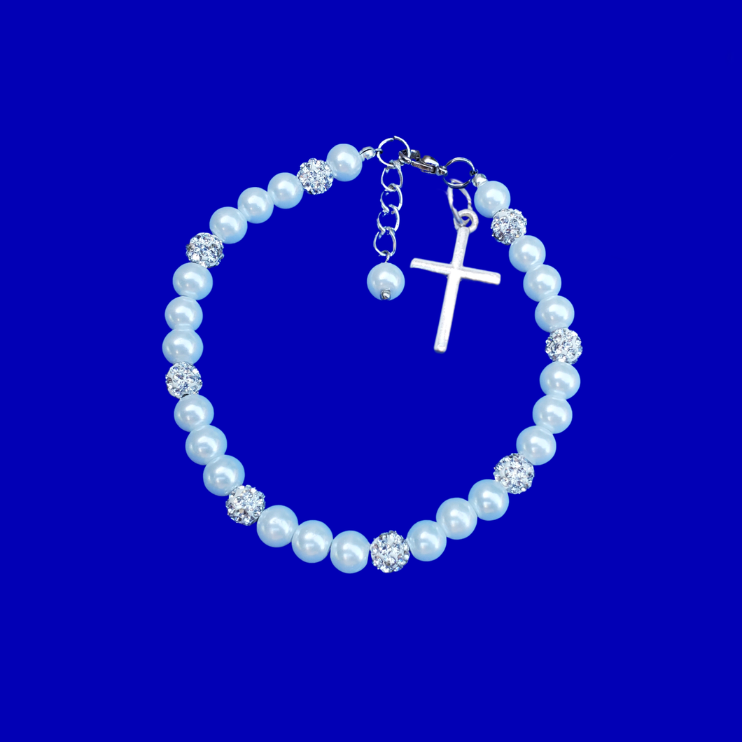 Bracelets - Religious Jewelry - Cross Bracelet - pearl crystal cross charm bracelet, white or custom color