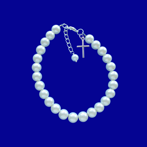 Pearl Bracelet - Cross Bracelet - Bracelets, pearl cross charm bracelet, white or custom color