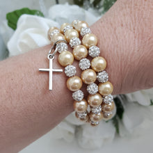 Load image into Gallery viewer, Handmade Pearl and Pave Crystal Rhinestone Multi Layer, Expandable, Wrap Cross Charm Bracelet, Champagne or custom color - Cross Bracelet - Religious Jewelry - Bracelets