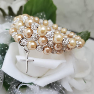 Handmade Pearl and Pave Crystal Rhinestone Multi Layer, Expandable, Wrap Cross Charm Bracelet, Champagne or custom color - Cross Bracelet - Religious Jewelry - Bracelets