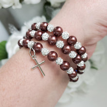 Load image into Gallery viewer, Handmade Pearl and Pave Crystal Rhinestone Multi Layer, Expandable, Wrap Cross Charm Bracelet, Chocolate brown or custom color - Cross Bracelet - Religious Jewelry - Bracelets