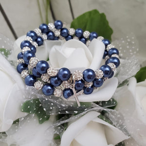 Handmade Pearl and Pave Crystal Rhinestone Multi Layer, Expandable, Wrap Cross Charm Bracelet, dark blue or custom color - Cross Bracelet - Religious Jewelry - Bracelets