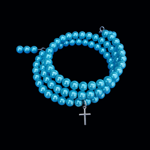 Cross Bracelet - Pearl Bracelet - Bracelets, handmade pearl expandable, multi-layer, wrap cross charm bracelet, aquamarine blue or custom color