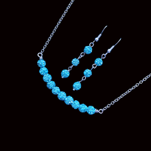 Load image into Gallery viewer, Necklace And Earring Set - Bridesmaid Proposal - Bridal Sets - handmade pave crystal rhinestone bar necklace accompanied by a pair of drop earrings - aquamarine blue or custom color
