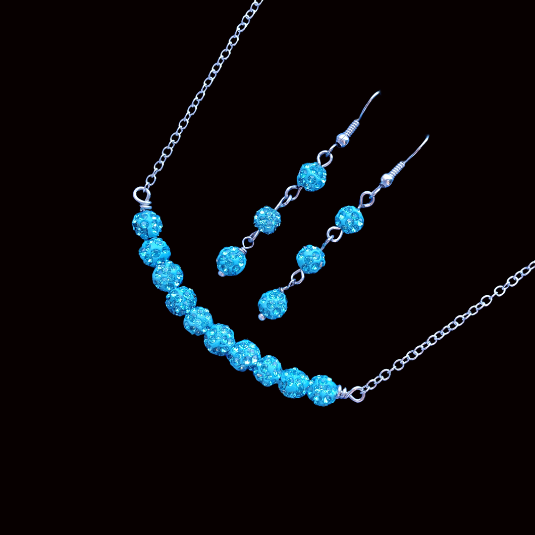 Necklace And Earring Set - Bridesmaid Proposal - Bridal Sets - handmade pave crystal rhinestone bar necklace accompanied by a pair of drop earrings - aquamarine blue or custom color