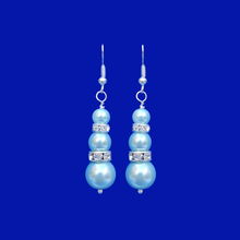 Load image into Gallery viewer, a pair of handmade pearl and crystal drop earrings, light blue or custom color - Pearl Earrings - Pearl Drop Earrings - Dangle Earrings