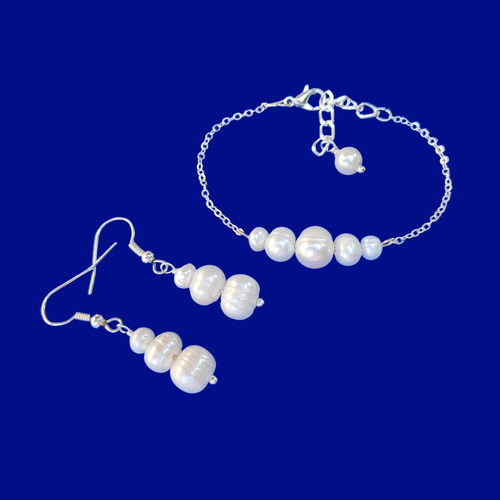 Bracelet Sets - Fresh Water Pearl Set - Bridal Sets - handmade fresh water pearl bar bracelet accompanied by a pair of drop earrings