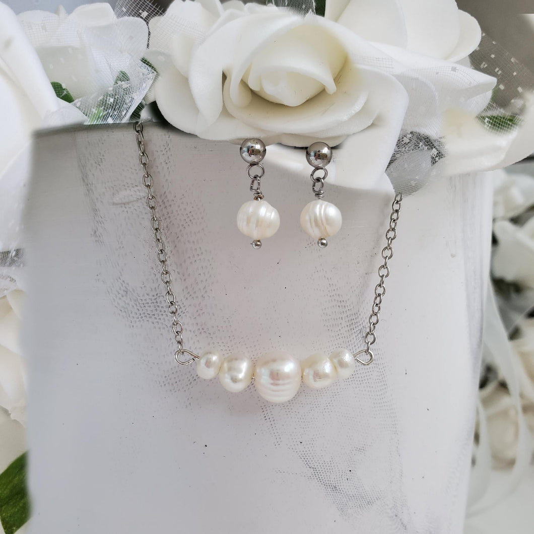 Handmade fresh water pearl bar necklace accompanied by a pair dangle stud earrings - Fresh Water Pearl Jewelry Set - Necklace And Earring Set 