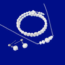 Load image into Gallery viewer, Fresh Water Pearl Jewelry Set - Jewelry Sets - handmade fresh water pearl bar necklace accompanied by an expandable, multi-layer, wrap bracelet and a pair stud earrings
