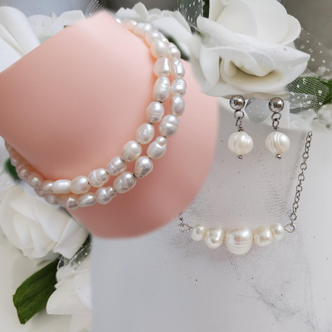 Handmade fresh water pearl bar necklace accompanied by an expandable, multi-layer, wrap bracelet and a pair of dangling stud earrings - Fresh Water Pearl Jewelry Set - Jewelry Sets 