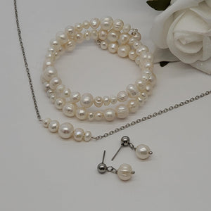 Handmade fresh water pearl bar necklace accompanied by an expandable, multi-layer, wrap bracelet and a pair of dangling stud earrings - Fresh Water Pearl Jewelry Set - Jewelry Sets