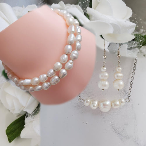 Handmade fresh water pearl bar necklace accompanied by an expandable, multi-layer, wrap bracelet and a pair drop earrings - Jewelry Sets - Fresh Water Pearl Set - Bridal Sets