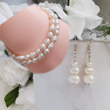 Load image into Gallery viewer, Handmade fresh water pearl expandable, multi-layer, wrap bracelet accompanied by a pair of drop earrings - Bracelet Sets - Pearl Set - Fresh Water Pearl Jewelry Set
