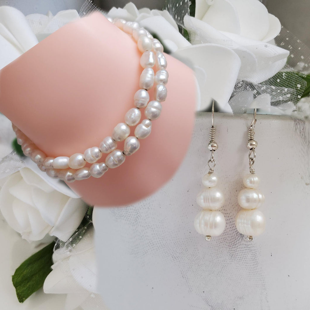 Handmade fresh water pearl expandable, multi-layer, wrap bracelet accompanied by a pair of drop earrings - Bracelet Sets - Pearl Set - Fresh Water Pearl Jewelry Set
