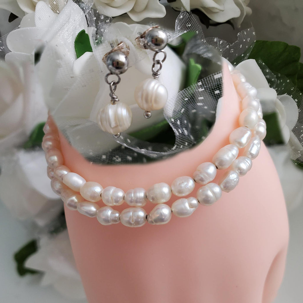 Handmade fresh water pearl expandable, multi-layer, wrap bracelet accompanied by a pair dangle stud earrings - Jewelry Sets - Bracelets Sets - Pearl Set 