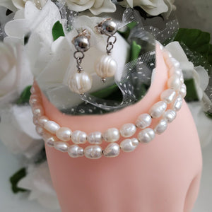 Handmade fresh water pearl expandable, multi-layer, wrap bracelet and a pair of dangling stud earrings - Fresh Water Pearl Set - Jewelry Sets - Bridal Sets