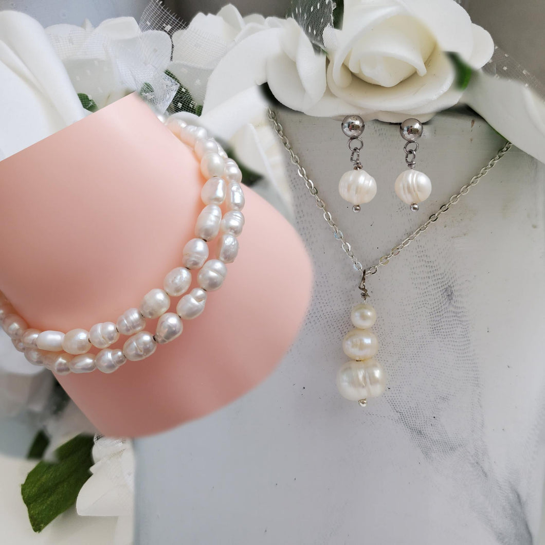 Handmade fresh water pearl drop necklace accompanied by an expandable, multi-layer, wrap bracelet and a pair of dangling stud earrings - Fresh Water Pearl Set - Jewelry Sets - Bridal Sets