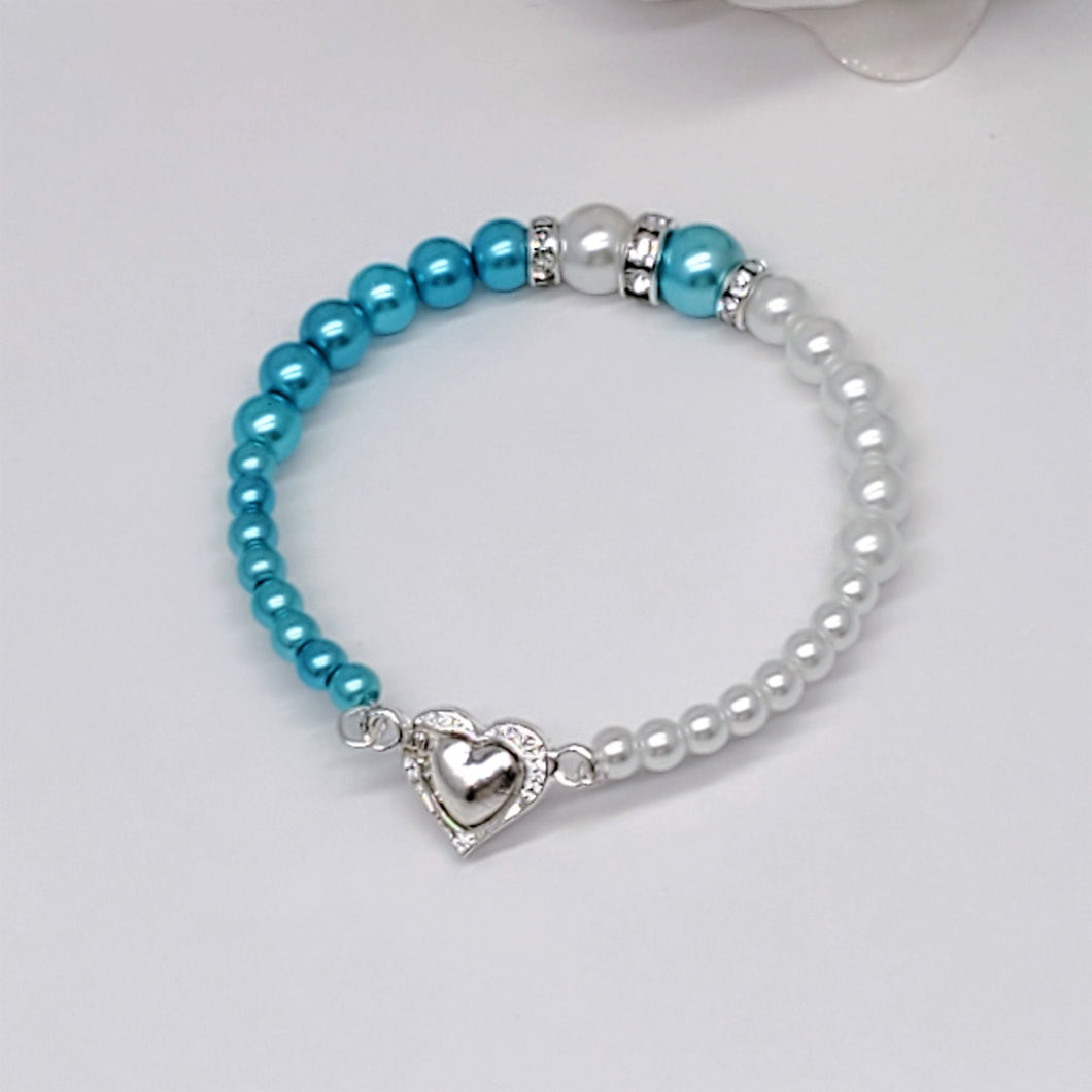 Bracelets - Pearl Bracelet - Bridal Gifts - dual color pearl heart bracelet, white and aquamarine blue or custom colors