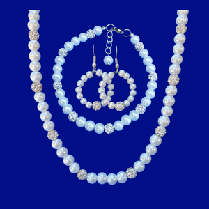 Pearl Jewelry Set - Necklace Set- Jewelry Sets - handmade pearl and crystal necklace accompanied by a matching bracelet and a pair of hoop earrings, white or custom color