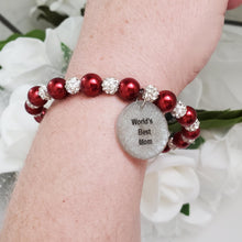 Load image into Gallery viewer, Handmade world&#39;s best mom ever pearl and pave crystal rhinestone charm bracelet, bordeaux red or custom color - Special Mother Bracelet - Mom Bracelet - #1 Mom