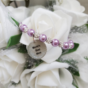 Handmade world's best mom pearl and pave crystal rhinestone charm bracelet, lavender purple or custom color - Special Mother Bracelet - Mom Bracelet - #1 Mom