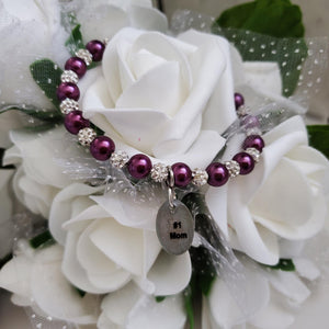 Handmade #1 mom pearl and pave crystal rhinestone charm bracelet, burgundy red or custom color - Special Mother Bracelet - Mom Bracelet - #1 Mom