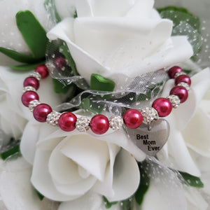 Handmade best mom ever pearl and pave crystal rhinestone charm bracelet, dark pink or custom color - Special Mother Bracelet - Mom Bracelet - #1 Mom