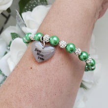 Load image into Gallery viewer, Handmade best mom ever pearl and pave crystal rhinestone charm bracelet, green or custom color - Special Mother Bracelet - Mom Bracelet - #1 Mom