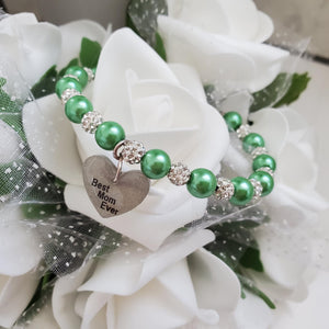 Handmade best mom ever pearl and pave crystal rhinestone charm bracelet, green or custom color - Special Mother Bracelet - Mom Bracelet - #1 Mom