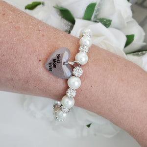 Handmade best mom ever pearl and pave crystal rhinestone charm bracelet, ivory or custom color - Special Mother Bracelet - Mom Bracelet - #1 Mom