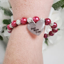Load image into Gallery viewer, Handmade best mom ever pearl and pave crystal rhinestone charm bracelet, dark pink or custom color - Special Mother Bracelet - Mom Bracelet - #1 Mom