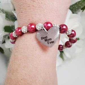 Handmade best mom ever pearl and pave crystal rhinestone charm bracelet, dark pink or custom color - Special Mother Bracelet - Mom Bracelet - #1 Mom