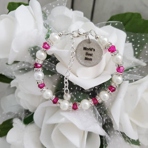 Handmade world's best mom pearl and crystal charm bracelet - rose red or custom color - Special Mother Pearl Bracelet - Mother Bracelet
