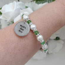 Load image into Gallery viewer, Handmade world&#39;s best mom pearl and crystal charm bracelet - grass green or custom color - Special Mother Pearl Bracelet - Mother Bracelet