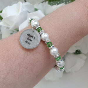 Handmade world's best mom pearl and crystal charm bracelet - grass green or custom color - Special Mother Pearl Bracelet - Mother Bracelet
