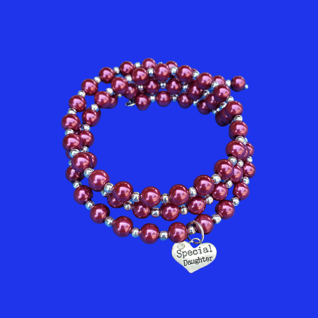 special daughter silver accented pearl expandable multi layer wrap charm bracelet, bordeaux red or custom color