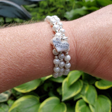 Load image into Gallery viewer, Handmade Mother of the Groom silver accented pearl expandable, multi-layer and wrap charm bracelet. white or custom bracelet - Mother of the Groom Bracelet - Bridal Gifts