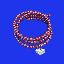 Load image into Gallery viewer, Handmade Mother of the Groom silver accented pearl expandable, multi-layer and wrap charm bracelet. bordeaux red or custom bracelet - Mother of the Groom Bracelet - Bridal Gifts