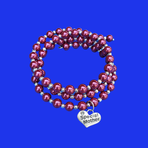 special mother silver accented pearl expandable multi layer wrap charm bracelet, bordeaux red or custom color - Mother Charm Bracelet - Mother Jewelry - Mom Gift