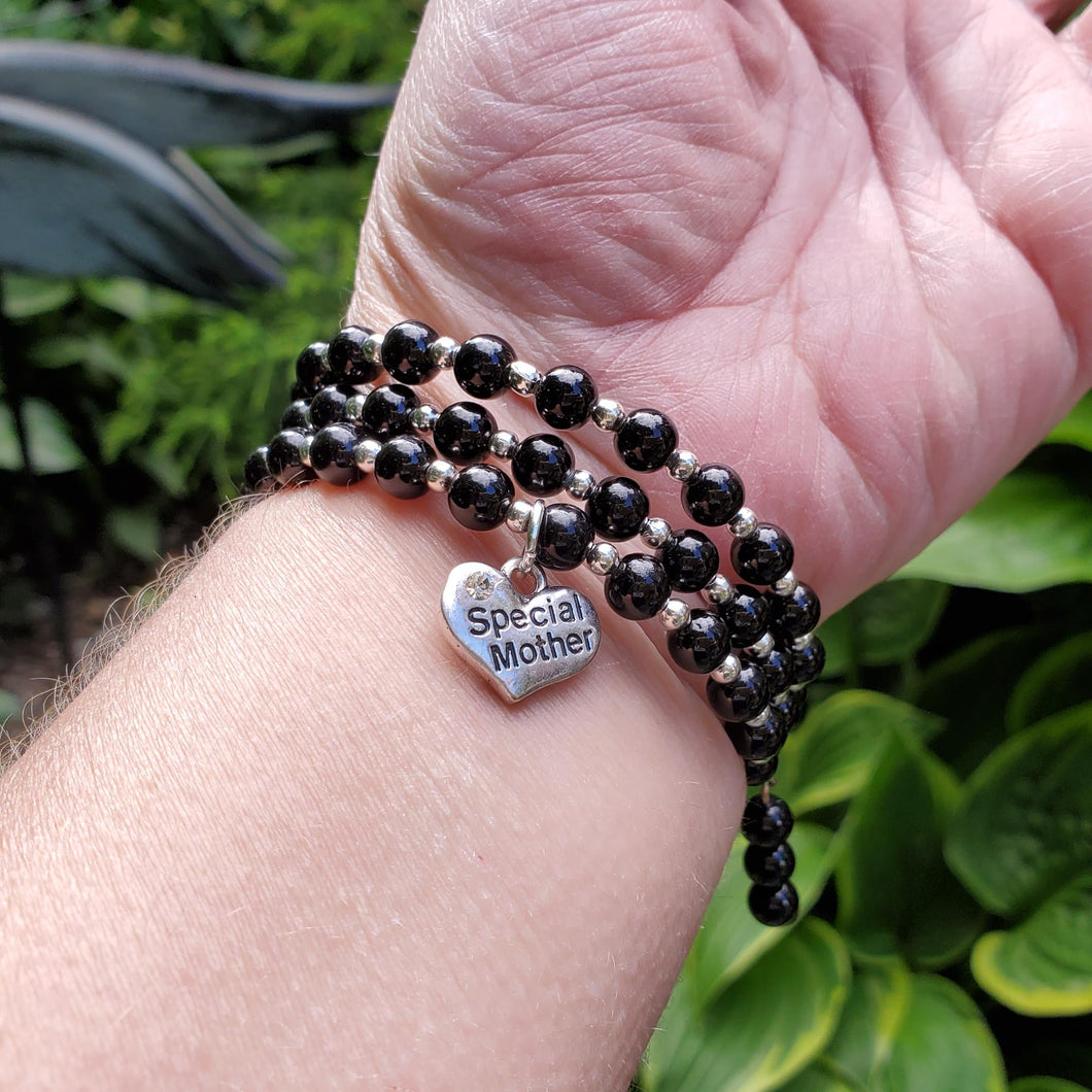 special mother silver accented pearl expandable multi layer wrap charm bracelet, black or custom color - Mother Charm Bracelet - Mother Jewelry - Mom Gift